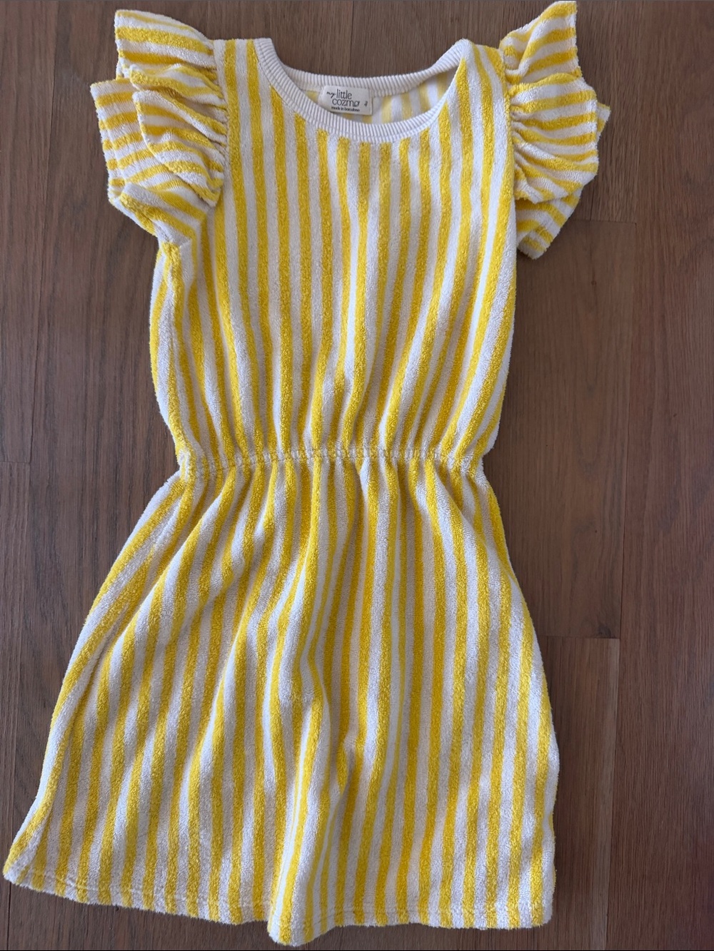 Little Cozno Kids Yellow & White Striped Dress with Ruffle Sleeves